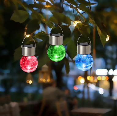lampa solární KOULE pr.6cm, v.9cm, 1LED, závěsná, čirá; nerez/sklo/PH