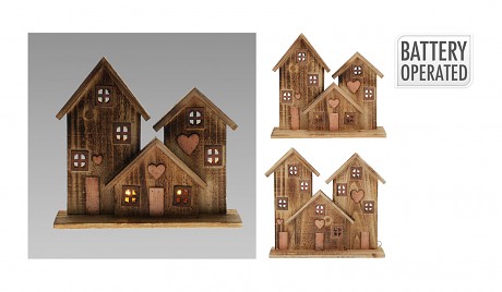 dekorace DOMKY 29cm LED dřev.HN