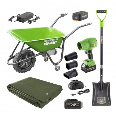 Aku kolečko Procraft PWB150 + aku fukar PB18 + lopata GSS-1150 + plachta GT3x4  SPWB150/PB18/GSS-11