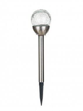 lampa solární KOULE  8cm, v.38,5cm, 2LED, nerez/sklo čirá