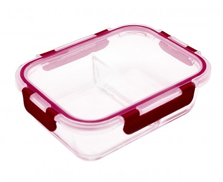 dóza LORA obdél. dělená 1,3l 23,5x18x7,5cm skl.+PP víčko TRA/BORDO