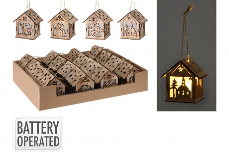 dekorace DOMEK 9cm LED závěsný dřev.mix