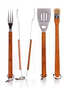 nářadí grilovací BBQ nerez, dřev.ruk. sada 4díl.